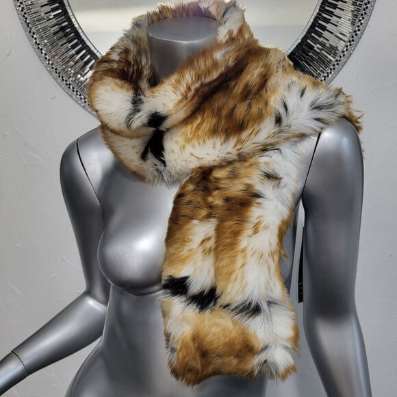 NWT~PAMELA MCCOY~BROWN BLACK FAUX FOX MINK FUR ANIMAL PRINT STOLE SCARF WRAP HAT - Picture 7 of 16